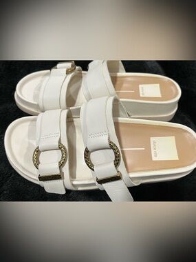 Dolce Vita White Slide Sandals with Gold-Tone Ring Accents